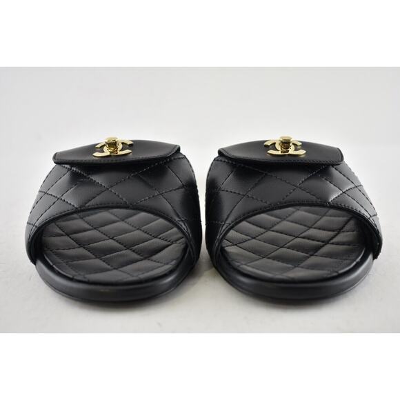 Chanel REV Black Turnlock Quilted Gold CC Logo Mules Slide Sandal Flop Flat 37 - Picture 6 of 12